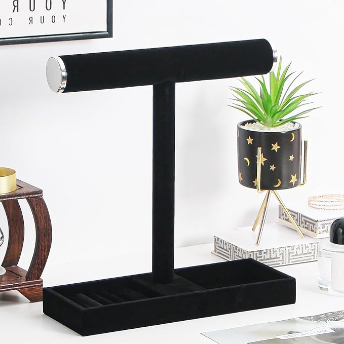 Justsoso Multi-Use Jewelry Holder Stand, Necklace Bracelet Ring Organizer Stand, Scrunchie Watches Velvet Jewelry Holder Stand With Tray for Women Girls Home Use(Black with Lid)