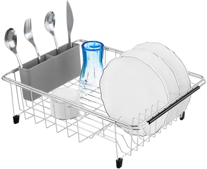 SANNO Large Expandable Dish Drying Rack Over Sink Dish Rack with Utensil Silverware Storage Holder Over The Sink Adjustable Arms Dish Drying Drainer,Stainless Steel, in Sink or On Counter