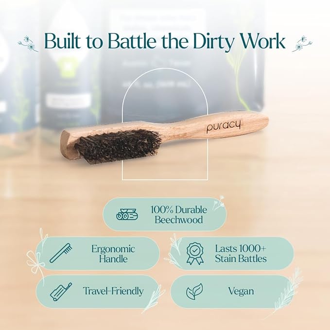 Puracy Laundry Stain Remover Brush for Tough, Deep, and Aged Clothing Stains, with Vegan Bristles for Safe and Effective Stain and Odor Elimination
