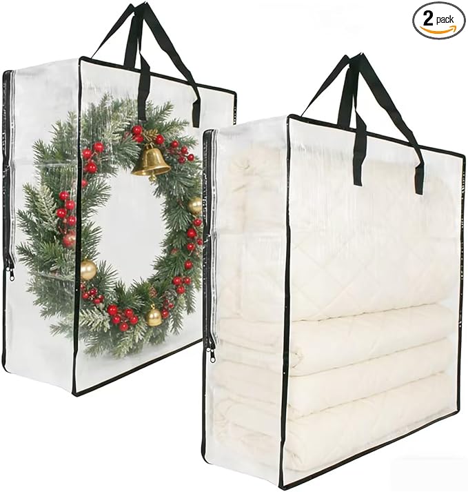 2 Pack Clear Wreath Storage Bags 26 Inch 90L - Durable and Heavy Duty Transparent PP Zipper Bags with Handles for Christmas Easter Fall Holiday Wreaths, Blankets, Comforters, Pillows