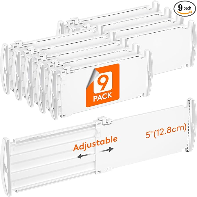 Lifewit 5" Tall 9 Pack Deep Drawer Dividers, 30 –47cm/11.5-18.5" Expandable Drawer Divider for Clothes, White Dresser Drawer Storage Organizers, Clothing Drawers Separators for Dresser Kitchen Bedroom