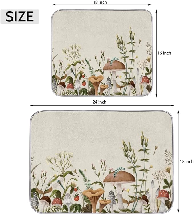 Hexteria Dish Drying Mat for Kitchen Counter Kitchen Drying Mat Dish Rack Mat Dish Drainer Pad Microfiber Absorbent Washable Drying Pad for Countertop, Mushroom