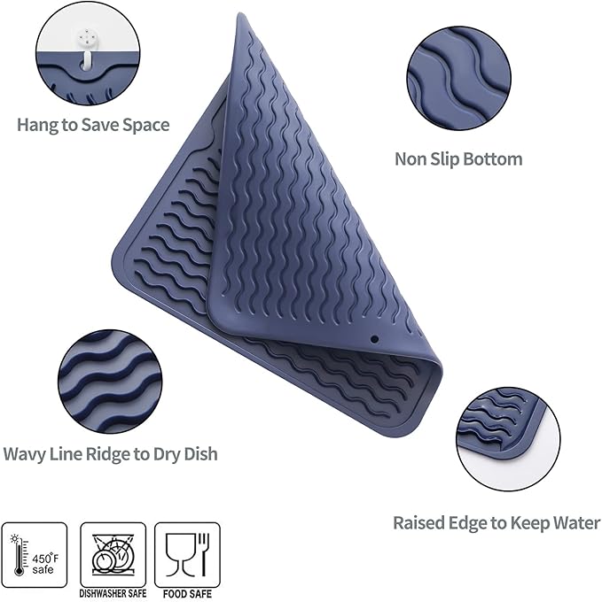 MicoYang Silicone Dish Drying Mat for Multiple Usage,Easy clean,Eco-friendly,Heat-resistant Silicone Mat for Kitchen Counter or Sink,Refrigerator or Drawer liner Navy Blue M 12 inches x 12 inches