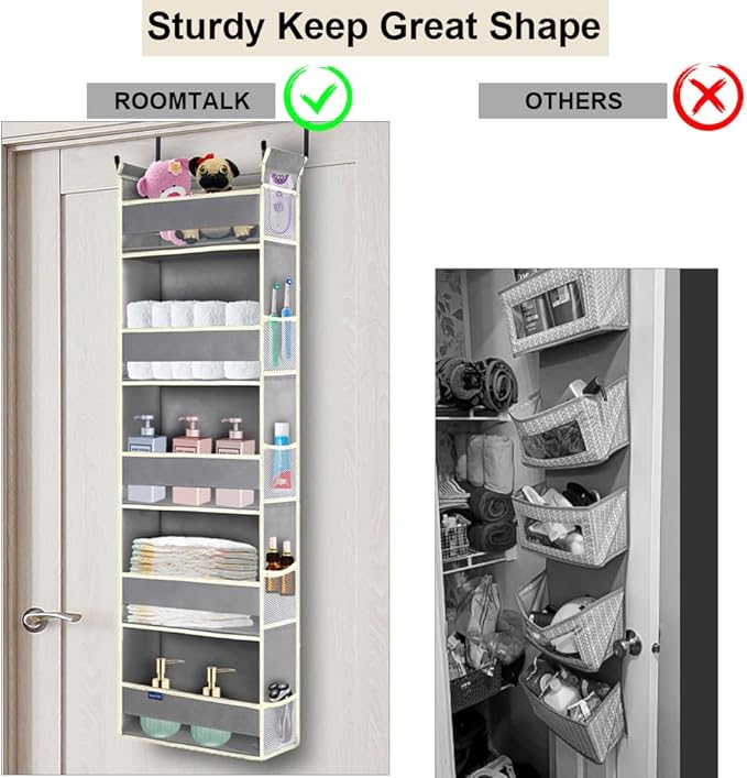 roomtalk Over The Door Organizer 5-Shelves and 10 Side Pockets, Over The Door Storage for Bathroom Bedroom Nursery, Hanging Door Organizer for Baby Diapers and Kids Toys (13"x5"x44", Grey)