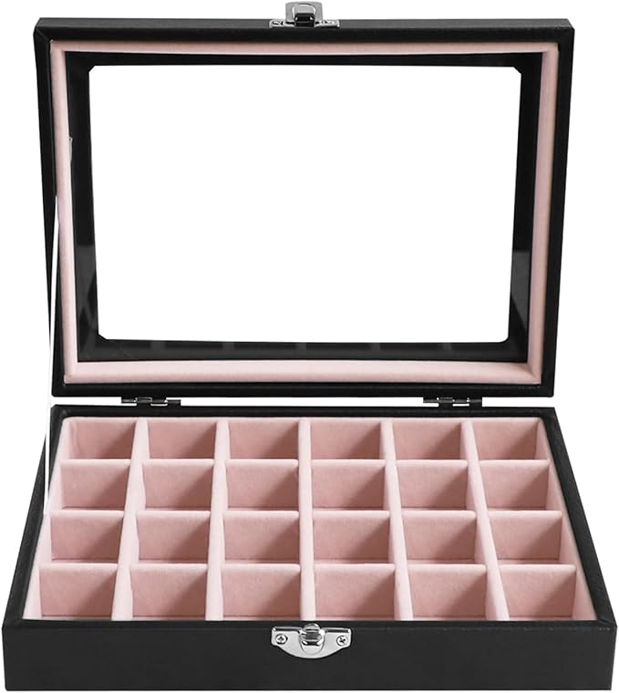 Wudygirl Small Jewelry Box 24 Grid Jewelry Organizer Velvet Jewelry Tray with Clear Lid Earring Holder Organizer Ring Holder Ring Display for Women Jewelry Display Case Drawer Inserts (Pink)