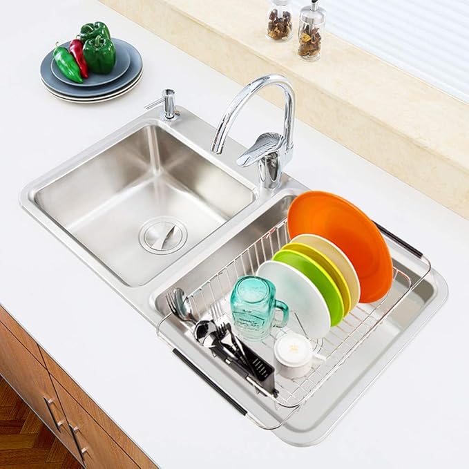SANNO Large Expandable Dish Drying Rack Over Sink Dish Rack with Utensil Silverware Storage Holder Over The Sink Adjustable Arms Dish Drying Drainer,Stainless Steel, in Sink or On Counter