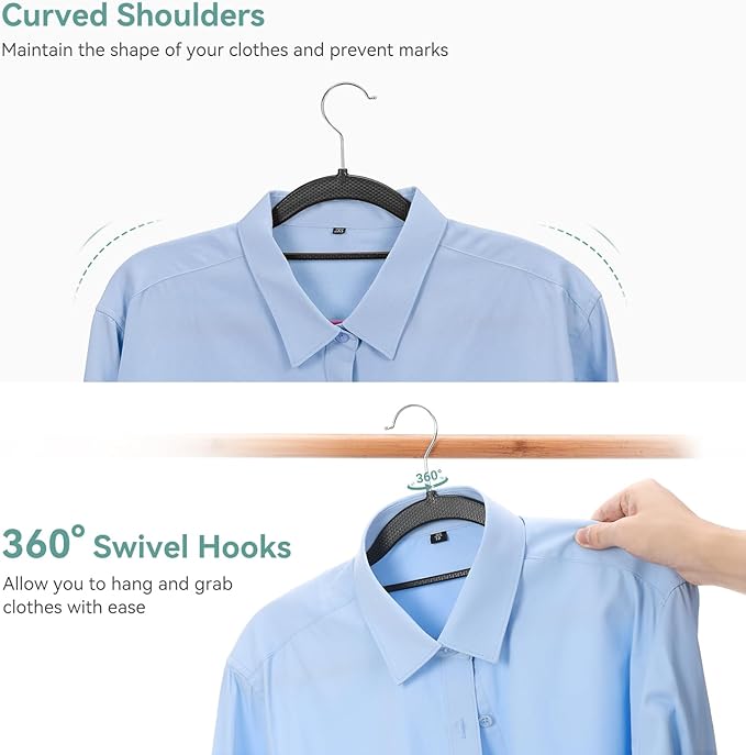 Pack of 50 Coat Hangers, Space-Saving Plastic Clothes Hangers, Non-Slip, 0.2 Inches Slim, 360° Swivel Silver Hook for Shirts, Pants, Suit & Wet/Dry Garments, Purple and Black