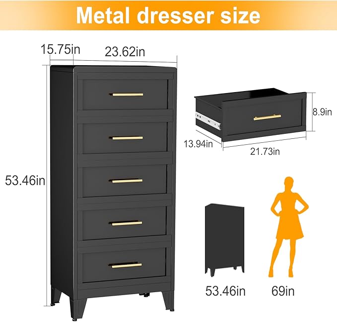 Metal Dresser Tall Narrow Dresser for Bedroom Chest, 53.46" H Drawer Chest, Closet Dressers & Chests of Drawers for Living Room, Hallway (5 Drawers Black 24inch Wide)