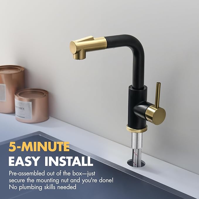GIMILI Modern Bar Sink Faucet for Kitchen Sink Single Handle with Pull Out Sprayer Hot and Cold Prep Sink Faucet Black and Gold