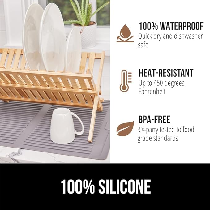 GORILLA GRIP 100% BPA-Free Patented Silicone Dish Drying Mat for Kitchen Counter, 18x16 Inch, Water Catching Ribbed Design, Easy Clean Waterproof Sink Liner, Heat Resistant, Fits Under Rack, Gray