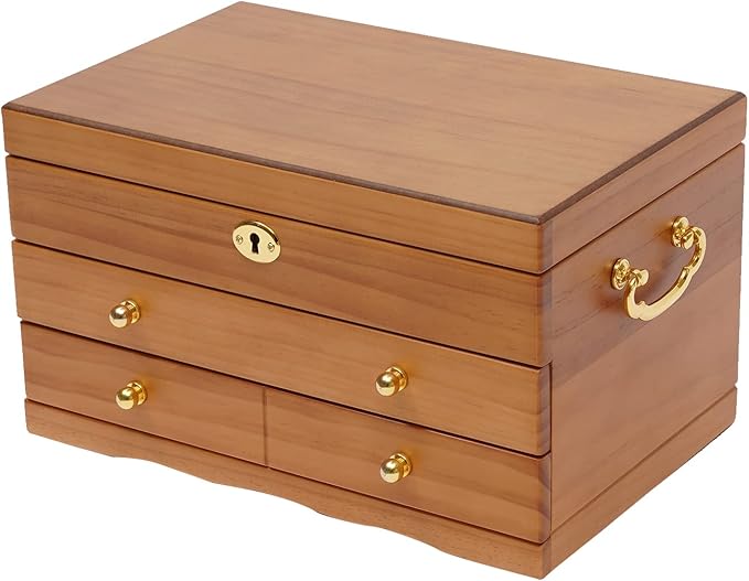 Eapmic Extra Large 3 Layers Wooden Jewelry Box Jewelry Case Cabinet Armoire Ring Necklacel Gift Storage Box Organizer(3 layers,6 built-in hooks)