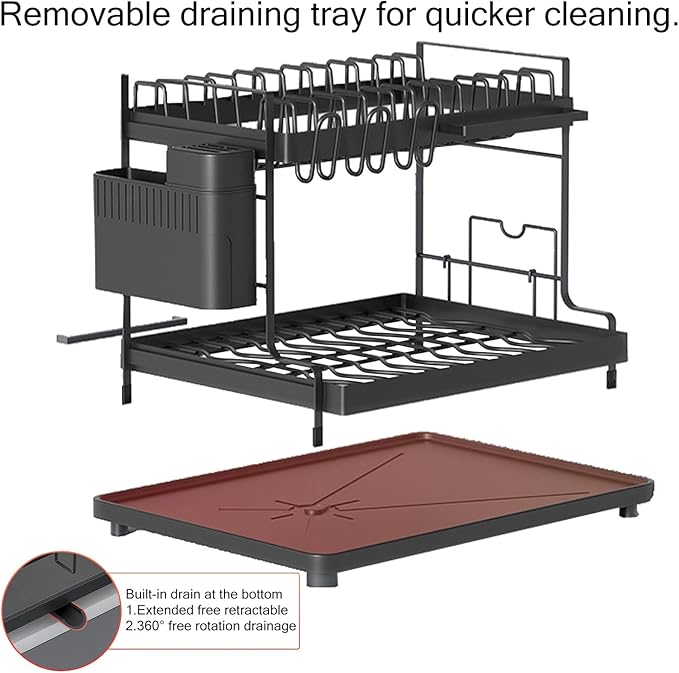 TOOPONE 2-Tier Dish Drying Rack with Drain Board,Large Dish Drying Rack for Kitchen Counter, Detachable Large Capacity Dish Drainer Organizer with Utensil Holder