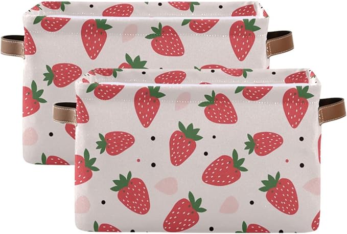 ALAZA Strawberry Polka Dots Foldable Storage Box Storage Basket Organizer Bins with Handles for Shelf Closet Living Room Bedroom Home Office 2 Pack