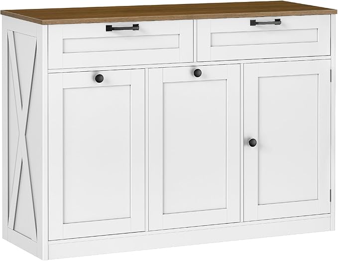 Double Tilt Out Laundry Hamper Cabinet, 43.3" Laundry Storage Cabinet with 2 Removable Baskets, Farmhouse Wooden Hidden Trash Bin Cabinet with Open Shelving, for Bathroom, White and Walnut