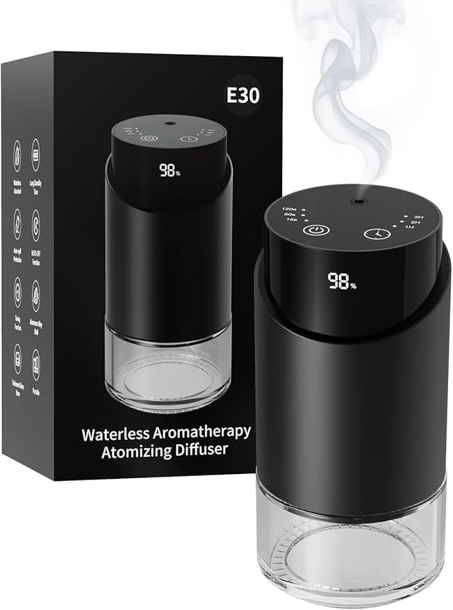 Waterless Essential Oil Diffuser Aromatherapy Scent Diffusers for Home Large Room, Bedroom, Car, Office, Battery Operated Mini Portable Air Freshener, 3 Countdown Timers & 3 Mist Levels