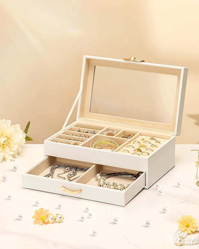Jewelry Box with 1 Drawers: Display Organizer for Earrings Necklaces - Christmas Gifts for Girls Women (White)