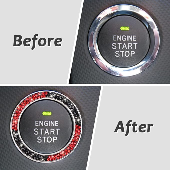 ToBeQueen Black and Red Bling Push Button Start Ring Emblem Sticker,Crystal Rhinestone Interior Engine Start Stop Car Bling Ring Decoration for Women, Pure Handmade Diamond Decor,Red and Black