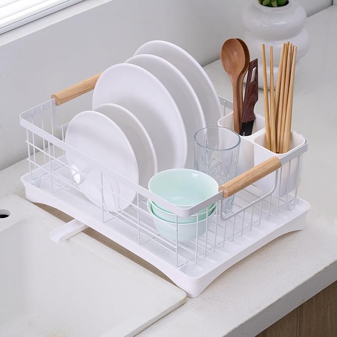 AppleTofu Dish Drainer Rack - Plate, Cutlery, Pots, and Pans Drying Rack for Kitchen with Beechwood Handles - Modern Retro Design Drip Tray with Metal Rack - White