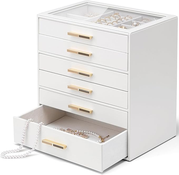 Vlando 6 Layer Jewelry Box for Women, Glass Lid Jewelry Organizer with 6 Drawers for Necklaces Rings Earrings Bracelets - White