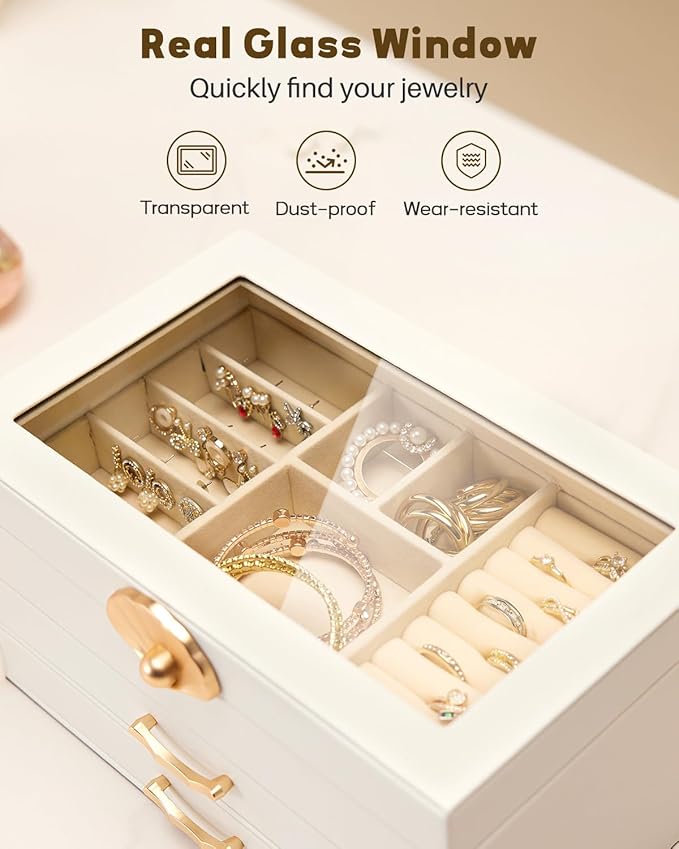 Jewelry Box with 2 Drawers: Display Organizer for Earrings Necklaces - Gift for Girls Women (White)