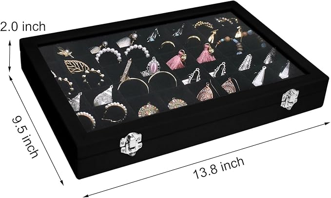 Velvet Jewelry Tray 48 Grid Jewelry Display Tray Organizer Box with Transparent Lid Rings Earrings Necklaces Pendants Display Box Suitable for Women and Girls (Black)
