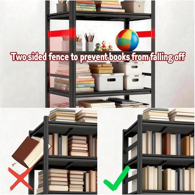 Notmise Book Shelf, 5 Tier Bookshelf, Modern Tall Bookcase for Garage Kit, CDs, Movies, Industrial Corner Storage Shelves for Bedroom Home Office Kitchen Living Room, Black