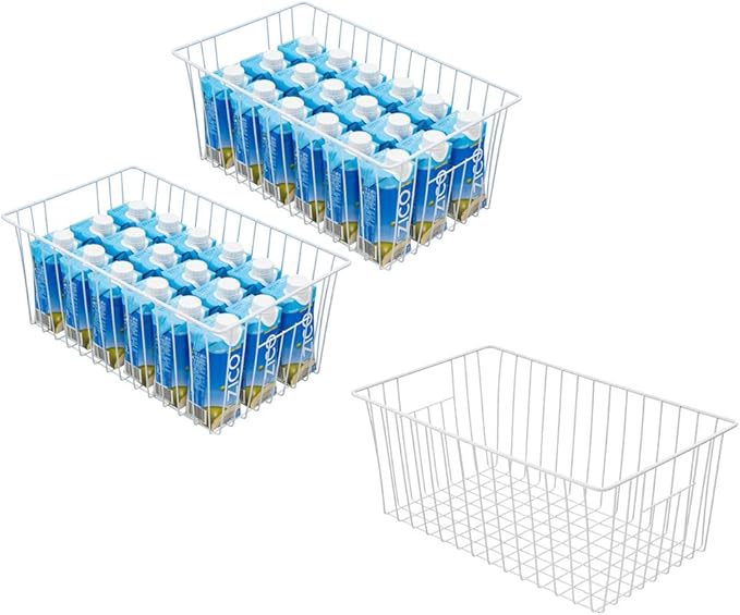 Nprohuge Wire Storage Baskets, Upright Freezer Organizer Bins - 3 Pack Freezer Baskets, Pantry Baskets For Kitchen Cabinets, Pantry, Closets, Bathroom, Office, White