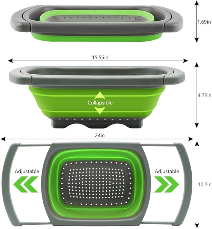 Collapsible Colander Strainer with Extendable Handles - Over the Sink Vegetable/Fruit Colanders Strainers for Kitchen, Capacity of 6 quart (Green)