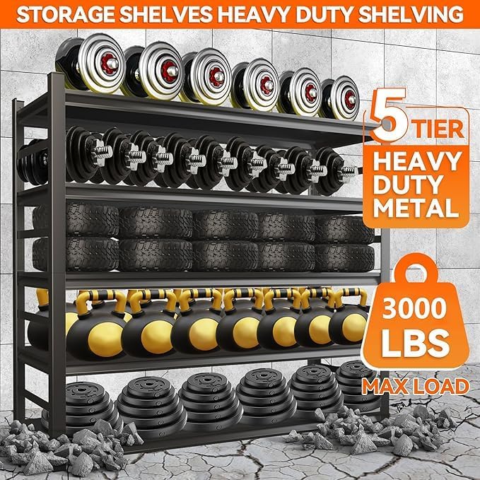 Notmise Heavy Duty Garage Shelving, 87" H x 47.2" W x 23.6" D, 3000 lbs Load Capacity, Sturdy Steel Metal Shelves for Storage, Industrial Black 5-Tier Shelving Rack for Garage, Basement, and Workshop