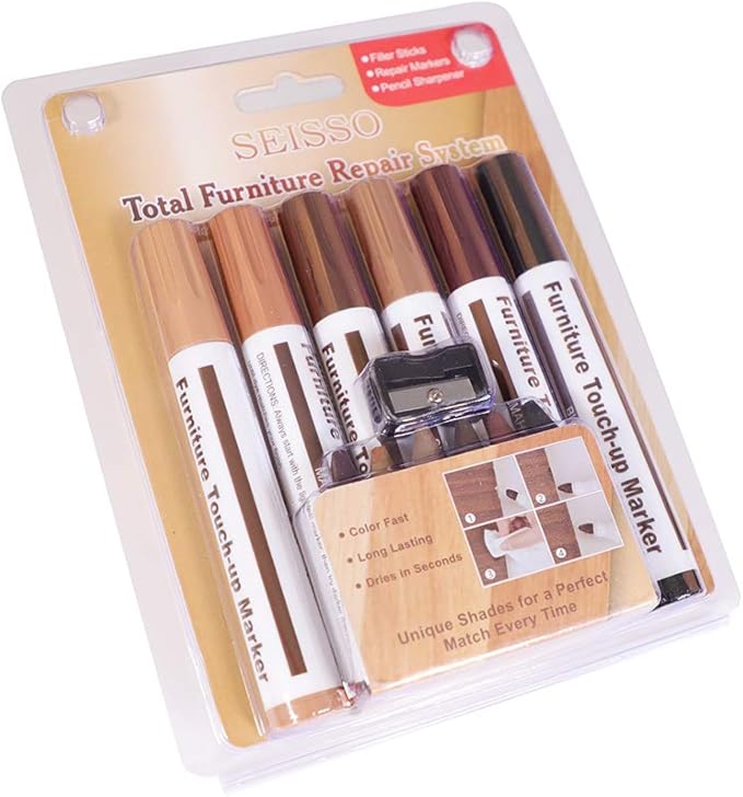 Wood Repair Markers- Furniture Touch Up Markers Kit, 6Pcs Wood Scratch Cover Markers and 6Pcs Wax Filler Sticks for Wooden Floors, Tables, Desks, Carpenters- Set of 13