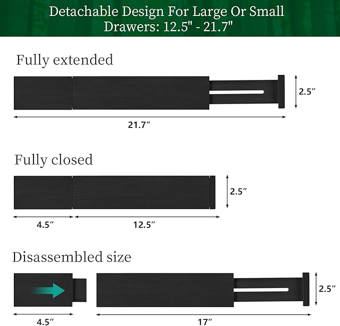 4 Pack Bamboo Kitchen Drawer Dividers with Inserts 2.6" High, Adjustable from 12.5 Inch to 21.7 Inch Drawer Organizers, Expandable Drawer Separators for Clothes, Bedroom, Dresser, Office (Black)