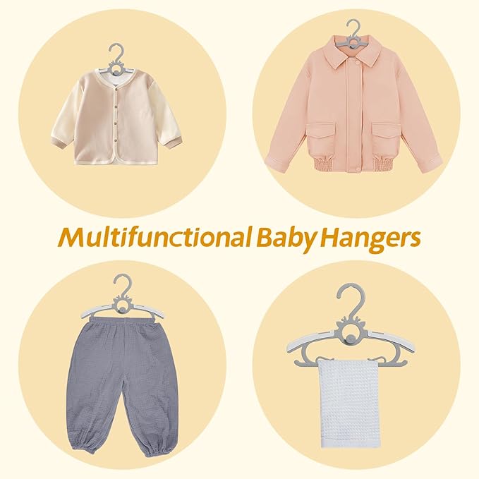 Kids Hangers 30PCS, 11"-14" Extendable and Stackable Baby Hangers, 45g Ultra-Thick Space Saving Non-Slip Plastic Hanger for Infant, Toddler and Nursery Closet (Gray-White-30)