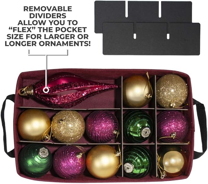 612 Vermont Christmas Ornament Storage Box with Adjustable Acid-Free Dividers, 4 Removable Trays with Handles, 16.25 Inch x 10 Inch x 13 Inch, Holds 60-3 Inch Ornaments