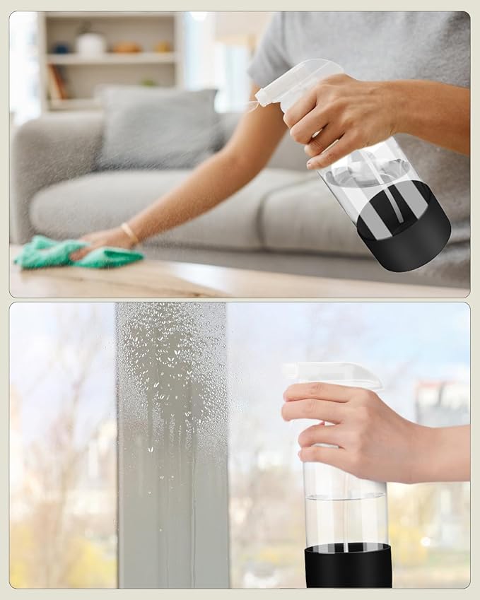 Worldgsb 2 Pack Glass Spray Bottles 8 oz, Empty Refillable Containers with Silicone Sleeve Protection, Glass Spray Bottles for Cleaning Solutions, Hair and Plants with Adjustable Nozzles Black