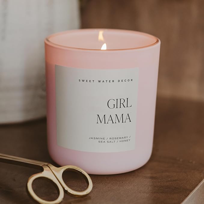 Sweet Water Decor Girl Mama Candle, Non-Toxic Soy Wax, Jasmine, Rosemary, Sea Salt, & Honey Scented, 15oz Pink Matte Jar, 70+ Hour Burn Time, Gift for Mother's Day, Baby Shower, Expecting & New Moms
