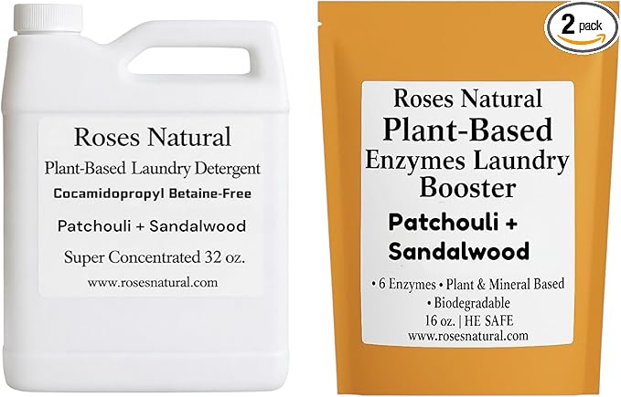 Bio-Based Enzymes Laundry System – Liquid Laundry Detergent (32 fl oz) + Enzyme Booster (16 oz) Bundle – Plant-Based, Low-Suds, HE Safe, Made in the USA (Patchouli + Sandalwood)