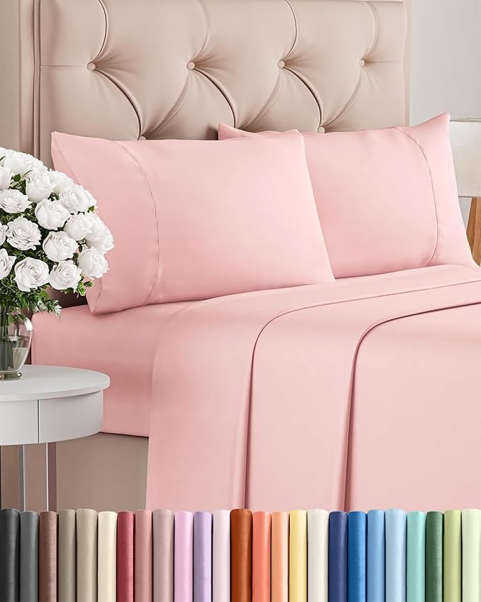 Twin XL 4 Piece Sheet Set - Comfy Breathable & Cooling - Ultra-Soft Hotel Luxury Bedding Set w/ 8-16 Inch Deep Pockets - 1 Flat & 1 Fitted Sheet & 2 Pillowcases - Wrinkle Free & Easy Care - Baby Pink