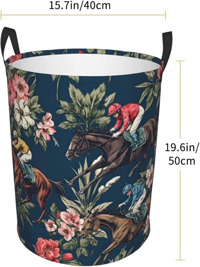 Large Laundry Basket with Handles, Horse Racing Floral Print, Navy Blue, 19.6x15.7 Inches, Collapsible Storage Bin (Horse Racing)