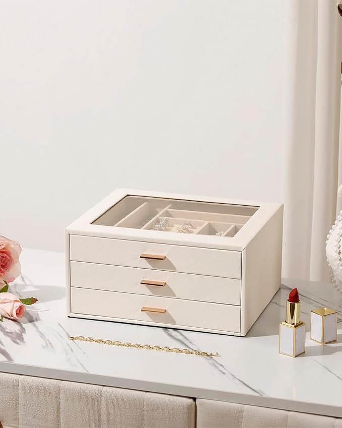 Jewelry Box with Glass Lid, 3-Layer Jewelry Organizer for Women Girls, PU Leather Display Case with 20-Grid Earring Tray & Movable Dividers for Necklaces Rings - Cloud White