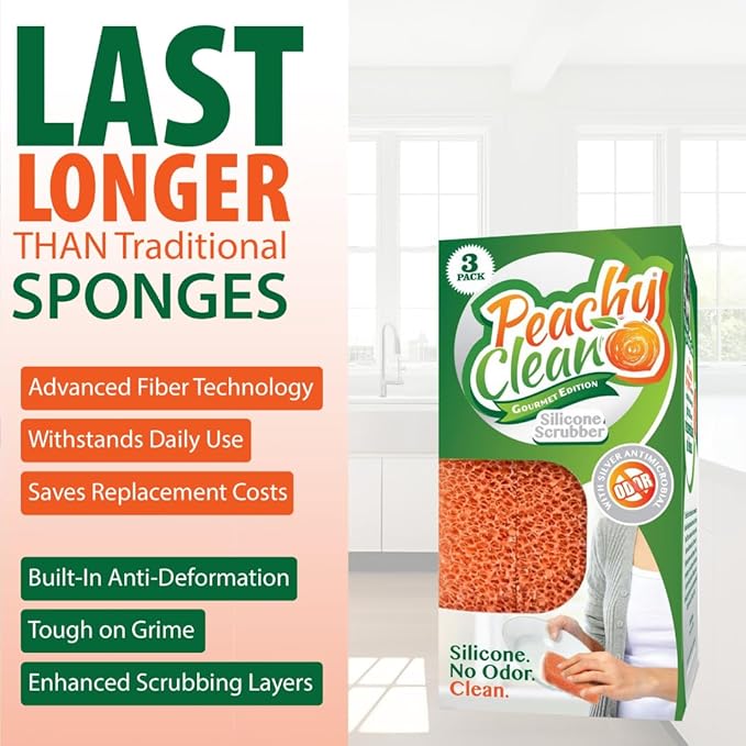 Peachy Clean Silicone Dish Sponge Scrubbers, Fresh Peach Scent, Non-Scratch, Odor-Resistant, Durable Dish Sponges for Kitchen 3pk
