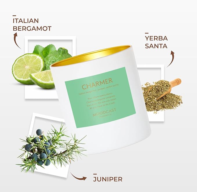 Moodcast Charmer Scented Candle – Aesthetic Candle for Home, Italian Bergamot, Juniper & Yerba Santa, Clean Coco Wax Blend, Vegan, Paraben-Free, 45-Hour Long Lasting Burn – 8oz