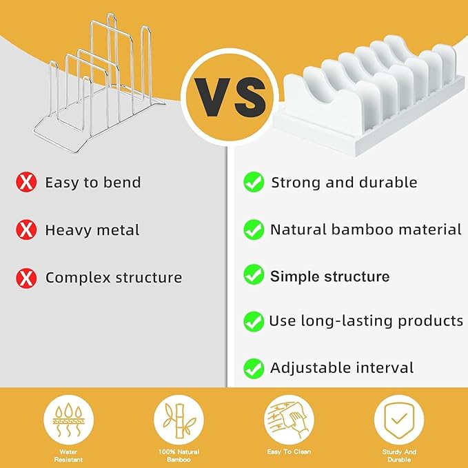 MinBoo Bamboo Pot Lid Organizer Pot Lid Holder, Pot and Pan Organizer Drawer Organizer for Pot Lids, Pans, Cutting Boards & Baking Sheets, Dinner Plates, Reusable Containers in Cabinet Storage,White