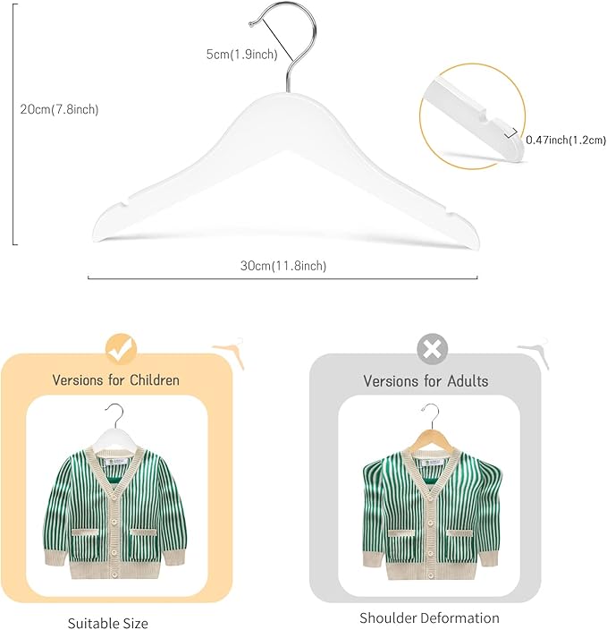 Nature Smile Kids Baby Children Toddler Wooden Shirt Coat Hangers with Notches and Anti-Rust Chrome Hook Pack of 10 (White)