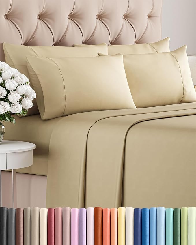Cal King 6 Piece Sheet Set - Comfy Breathable & Cooling - Ultra-Soft Hotel Luxury Bedding Set with 8-16 Inch Deep Pockets - 1 Flat & 1 Fitted Sheet & 4 Pillowcases - Wrinkle Free & Easy Care - Beige