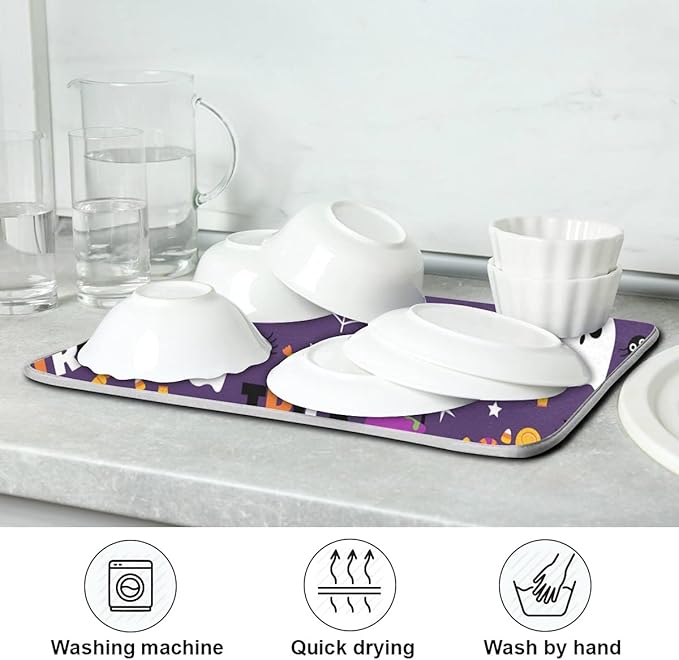 Happy Halloween Purple Pumpkin Fall Dish Drying Mat 16x18 for Kitchen Counter Trick or Treat Spooky Ghost Reversible Dishes Draining Mats Medium Absorbent Fast Dry Pad Halloween Accessories
