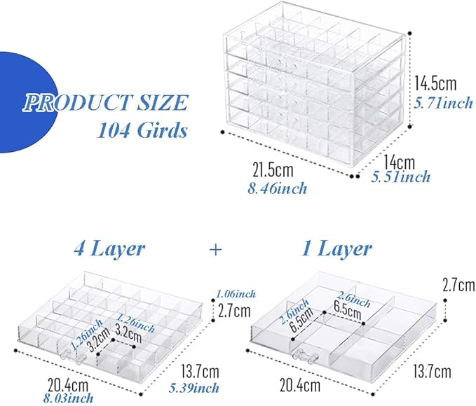 Jewelry Boxes Earring Storage Box Organizer 5 Drawers Jewelry Organizer Acrylic Jewelry Storage Box Holder Compartment Transparent Display Storage Case Gift for Women Girls (102 Girds)