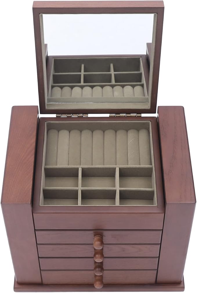 Eapmic Extra Large Four-Leaf Carved 5 Layers Wooden Jewelry Box Jewelry Case Cabinet Armoire Ring Necklacel Gift Storage Box Organizer (5 Layers,Brown,Style 2)