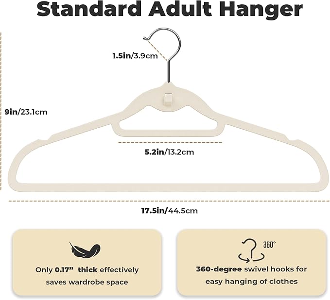 Limogoo Ivory Velvet Hangers 50 Pack, Felt Covered Non Slip Fabric with Stackable Cascading Hook, Ultra Thin and Space Saving with 360° Swivel Neck, 15Lbs Capacity for Clothes, Suit, Shirt, Coat