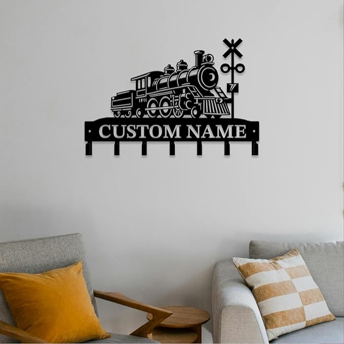 Personalized Train Metal Keys Hooks,Custom Name Metal Train Keys Hooks,Black Metal Train Wall Home Storage Decorative Keys Hooks,Key Holder Hooks for Wall (Style J)