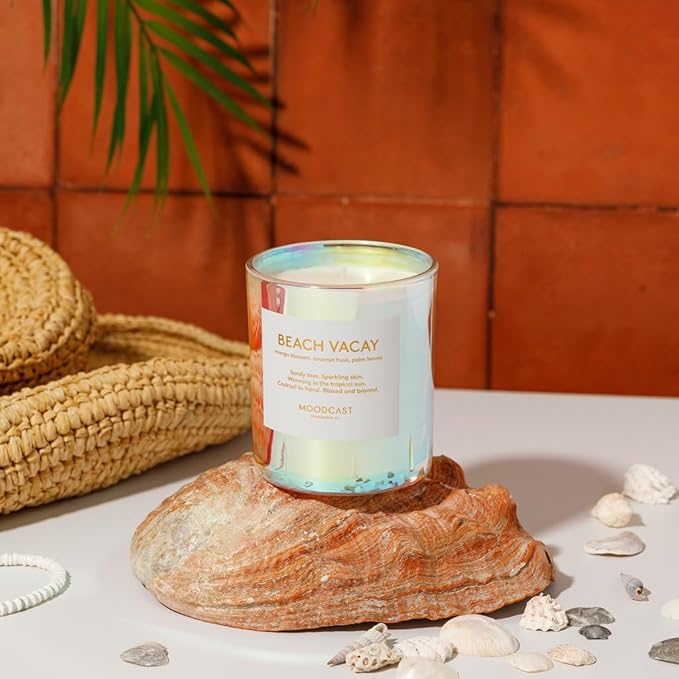Moodcast Beach Vacay Scented Candle - Aesthetic Candle for Home, Mango Blossom, Coconut & Palm Leaf, Clean Coco Wax Blend, Vegan, Paraben Free, 45-Hour Long Lasting Burn - 8oz